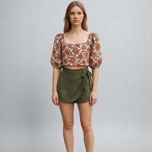 Rachel Roy Floral Crop Top Smocking Square Neck Short Sleeve womens Size L